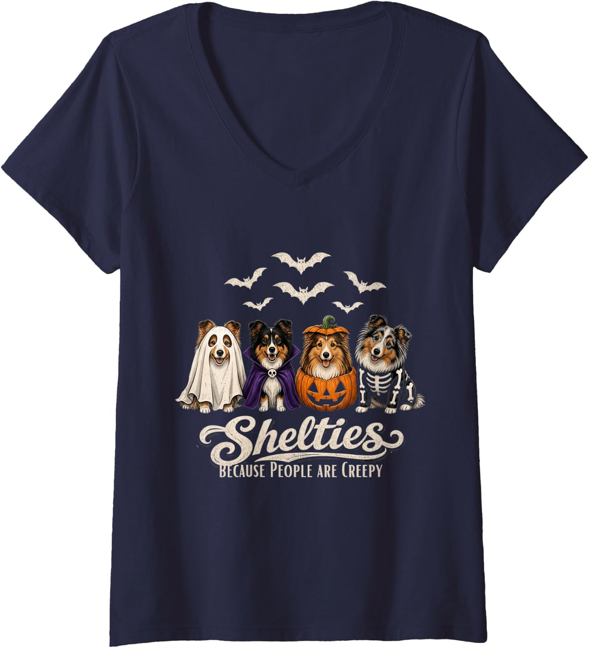 Women's Shelties Because People are Creepy Halloween Dogs V-Neck T-Shirt - Navy Blue
