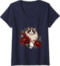 Women's Ragdoll Cat with Red Chrysanthemums and Silver Eucalyptus V-Neck T-Shirt - Navy Blue