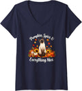 Women's Womens Moms PSL Fall Pumpkin Spice Siamese Cat Lover V-Neck T-Shirt - Navy Blue