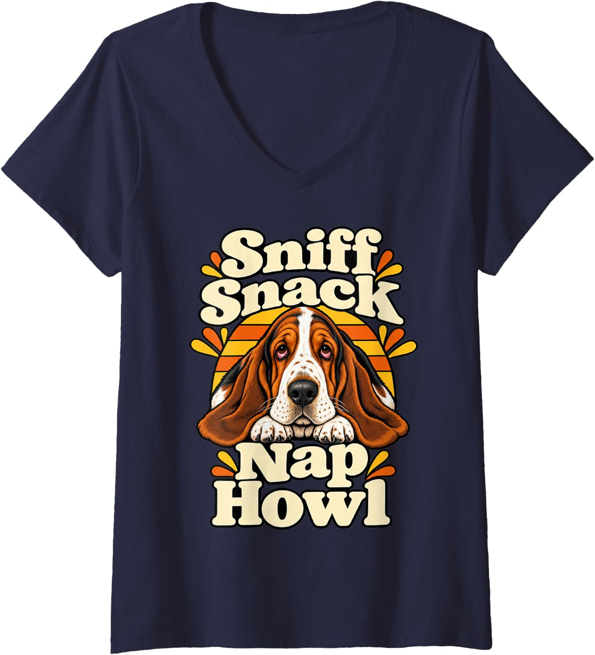 Women's Basset Hound Sniff Snack Nap Howl Owner Funny Pet Dog Lover V-Neck T-Shirt - Navy Blue
