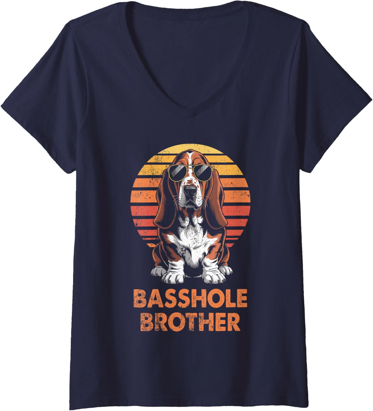 Women's Cool Retro Basset Hound Brother Funny Vintage Dog Owner V-Neck T-Shirt - Navy Blue