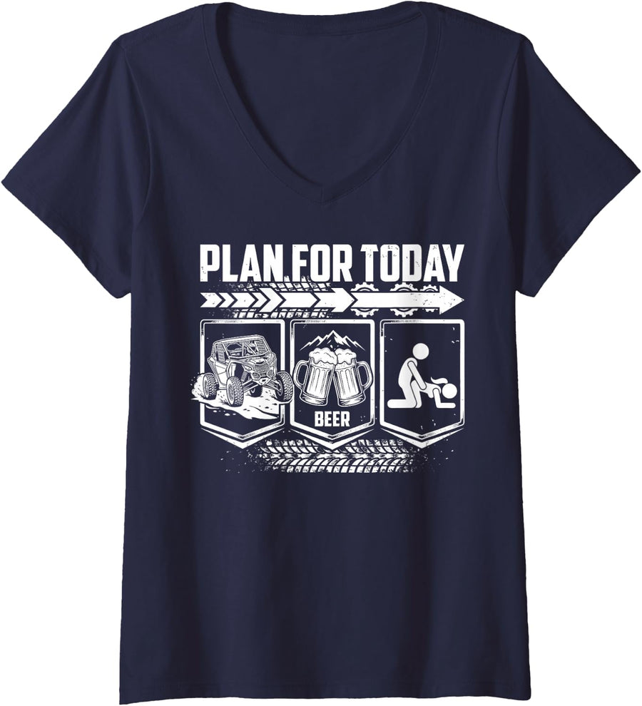 Women's Plan for Today UTV Off-Road Beer and Sex Distressed V-Neck T-Shirt - Navy Blue