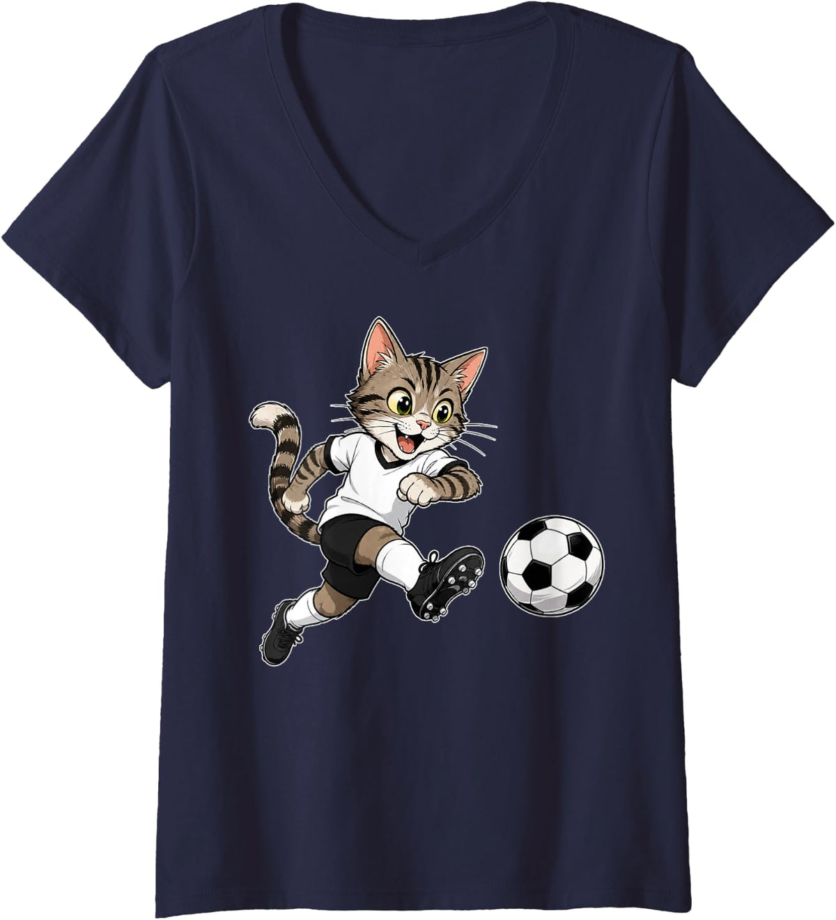 Women's Cat Soccer Funny Graphic V-Neck T-Shirt - Navy Blue