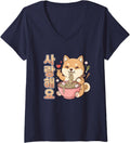 Women's Kpop Tshirt Korea I Love You Saranghae Korea Ramen Shiba Inu V-Neck T-Shirt - Navy Blue