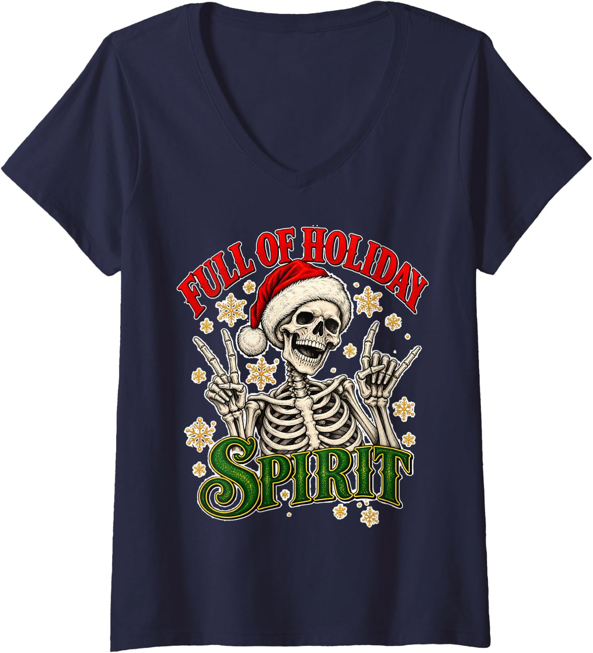Women's Full of Holiday Spirit Skeleton Santa Christmas Rock N Roll V-Neck T-Shirt - Navy Blue