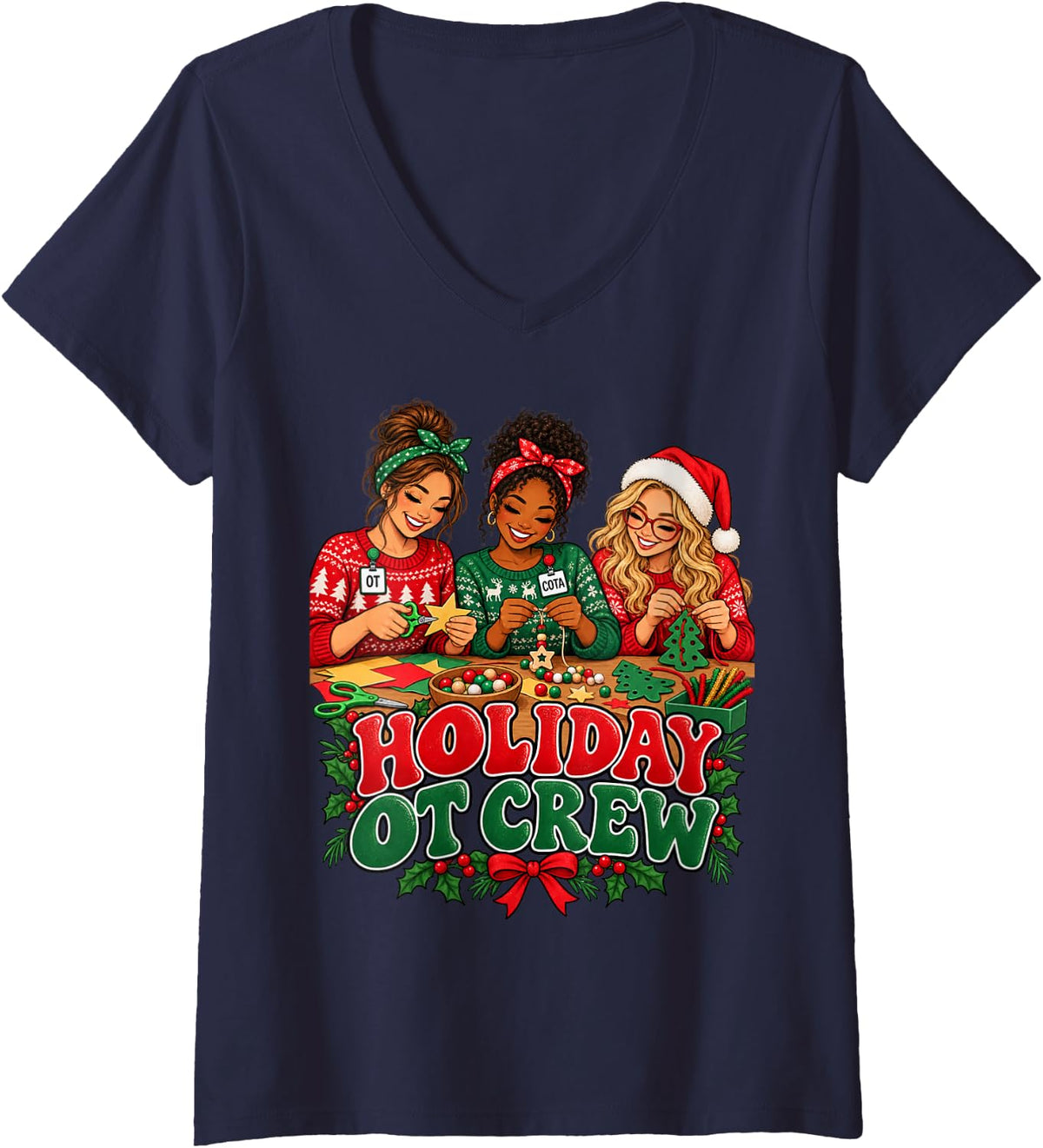 Women's Holiday OT Crew Christmas Occupational Therapy Merry Xmas V-Neck T-Shirt - Navy Blue