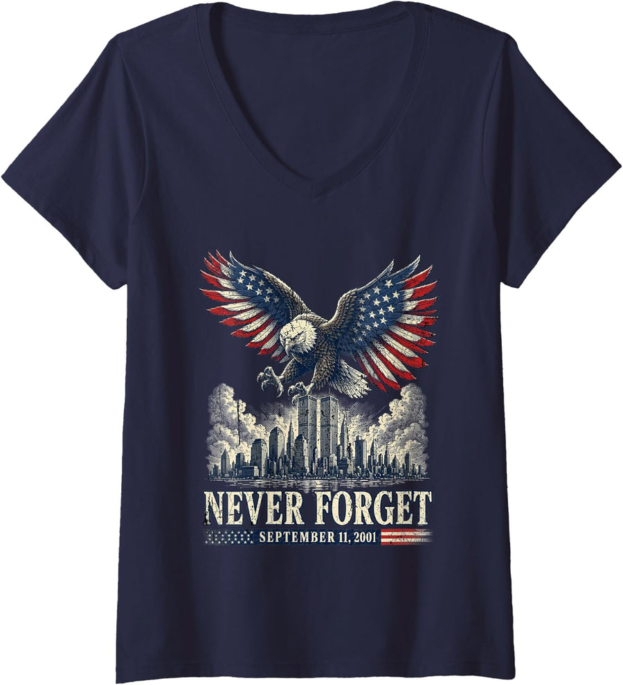 Women's Never Forget September 11 2001 Memorial Day America Flag V-Neck T-Shirt - Navy Blue