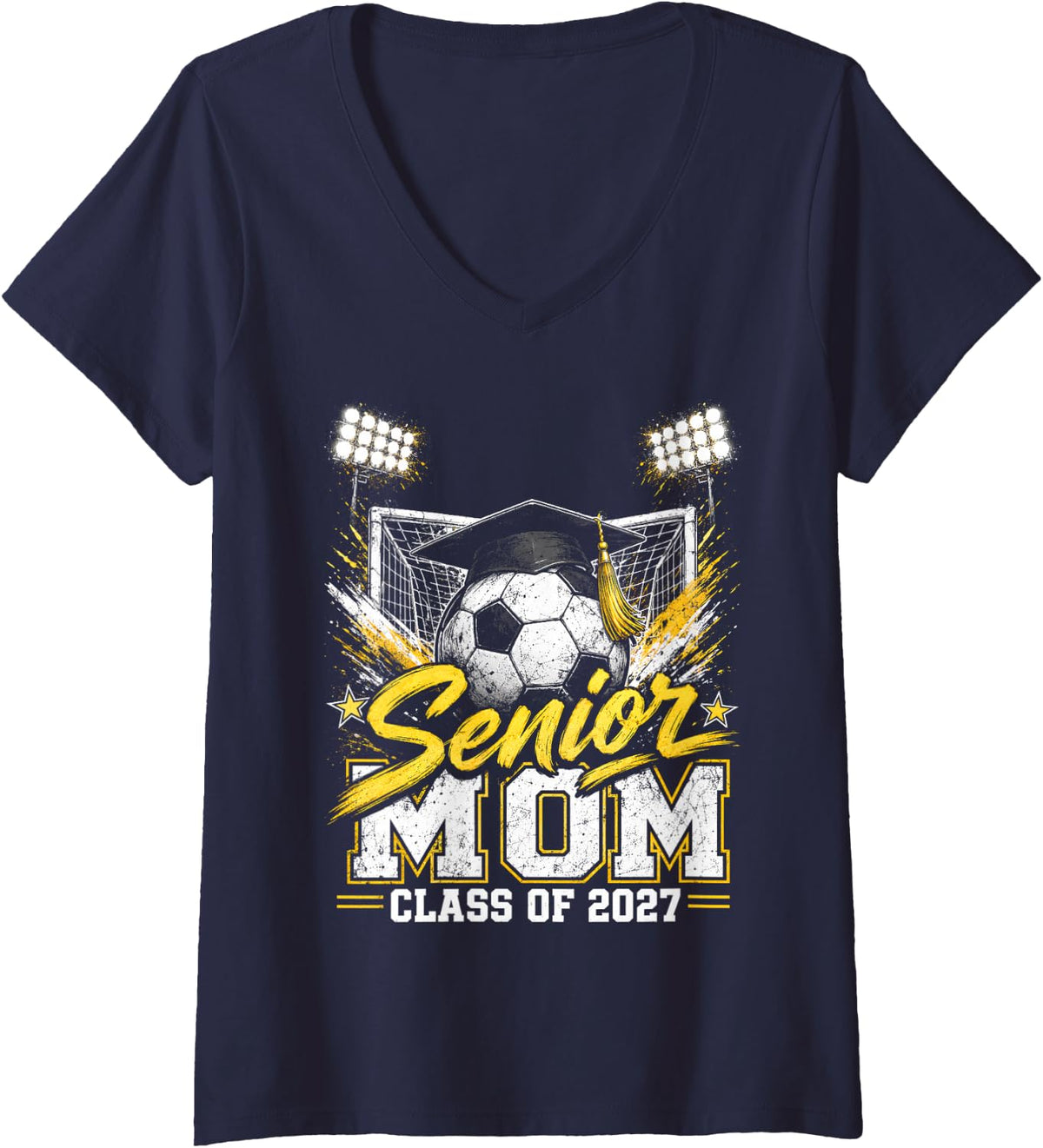 Women's Senior Mom Class of 2027 Soccer Ball Graduation Vintage V-Neck T-Shirt - Navy Blue