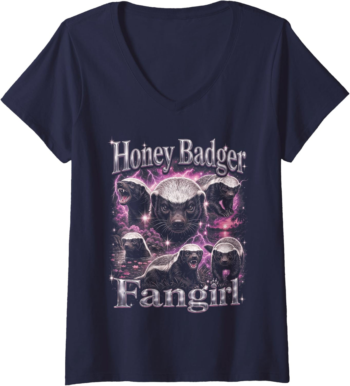Women's Honey Badger Fangirl Bootleg Womens Girls Honey Badger V-Neck T-Shirt - Navy Blue
