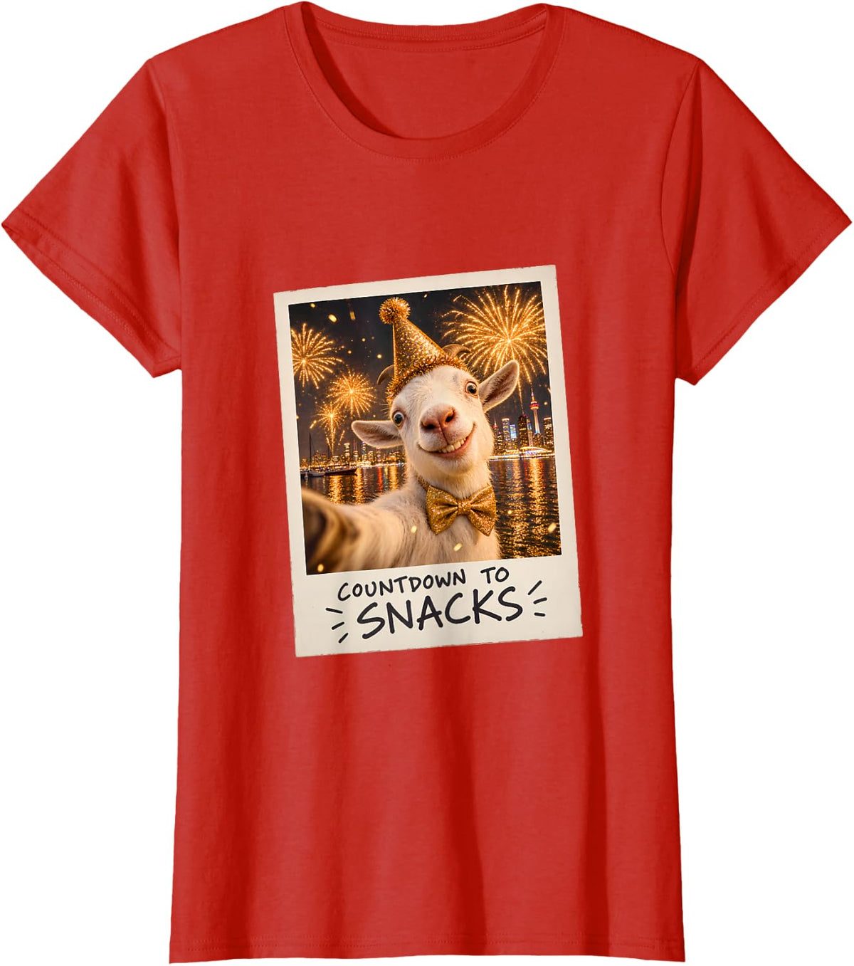 Countdown to Snacks White Goat Selfie NYE T-Shirt - Red