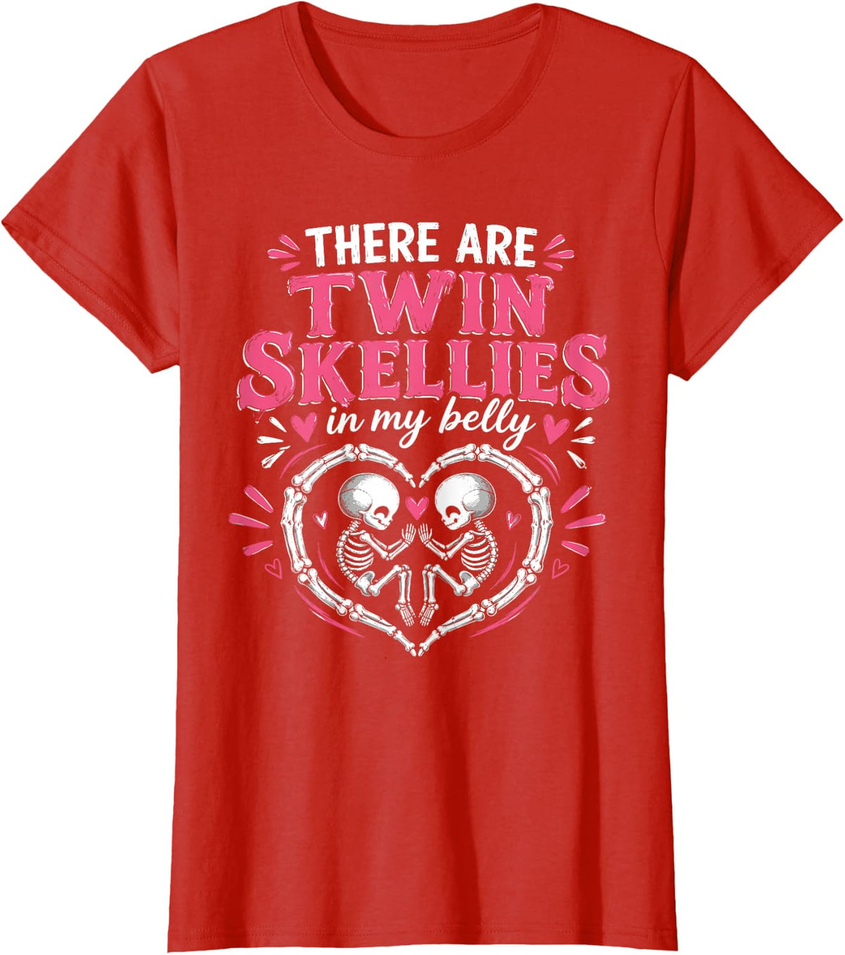 Retro Skeleton Twins Belly Halloween Pregnancy Expecting Mom T-Shirt - Red
