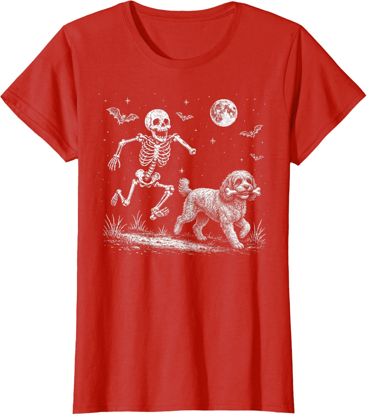 Funny Skeleton Chasing Cavapoo Halloween Dog Mom Pet Lover T-Shirt - Red