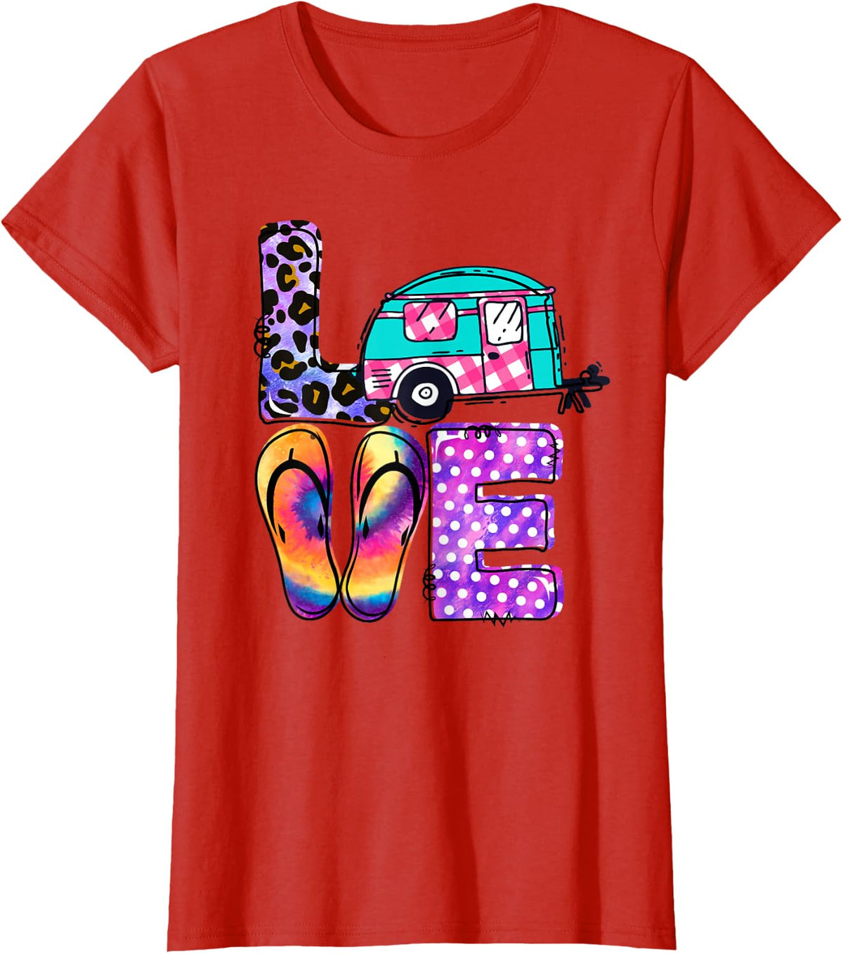 Tu Love Camping RV Flip Flop Tie Dye Leopard Camper T-Shirt - Red