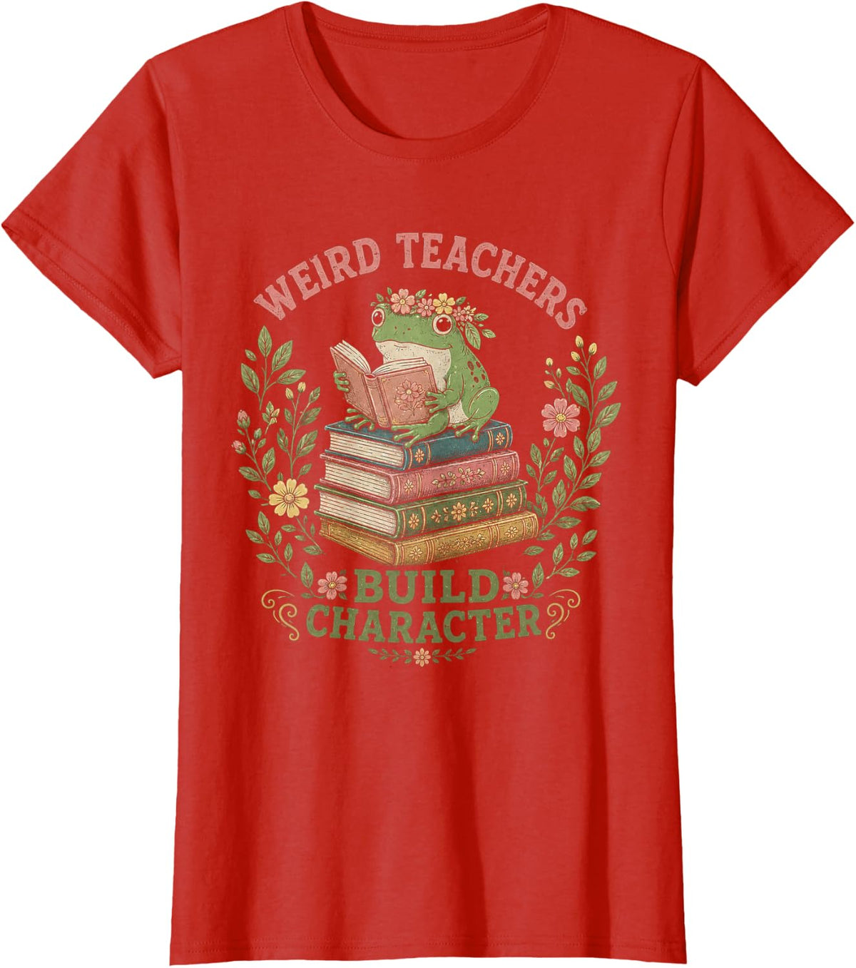 Weird Teachers Build Character Frog Reading Book Teaching T-Shirt - Red