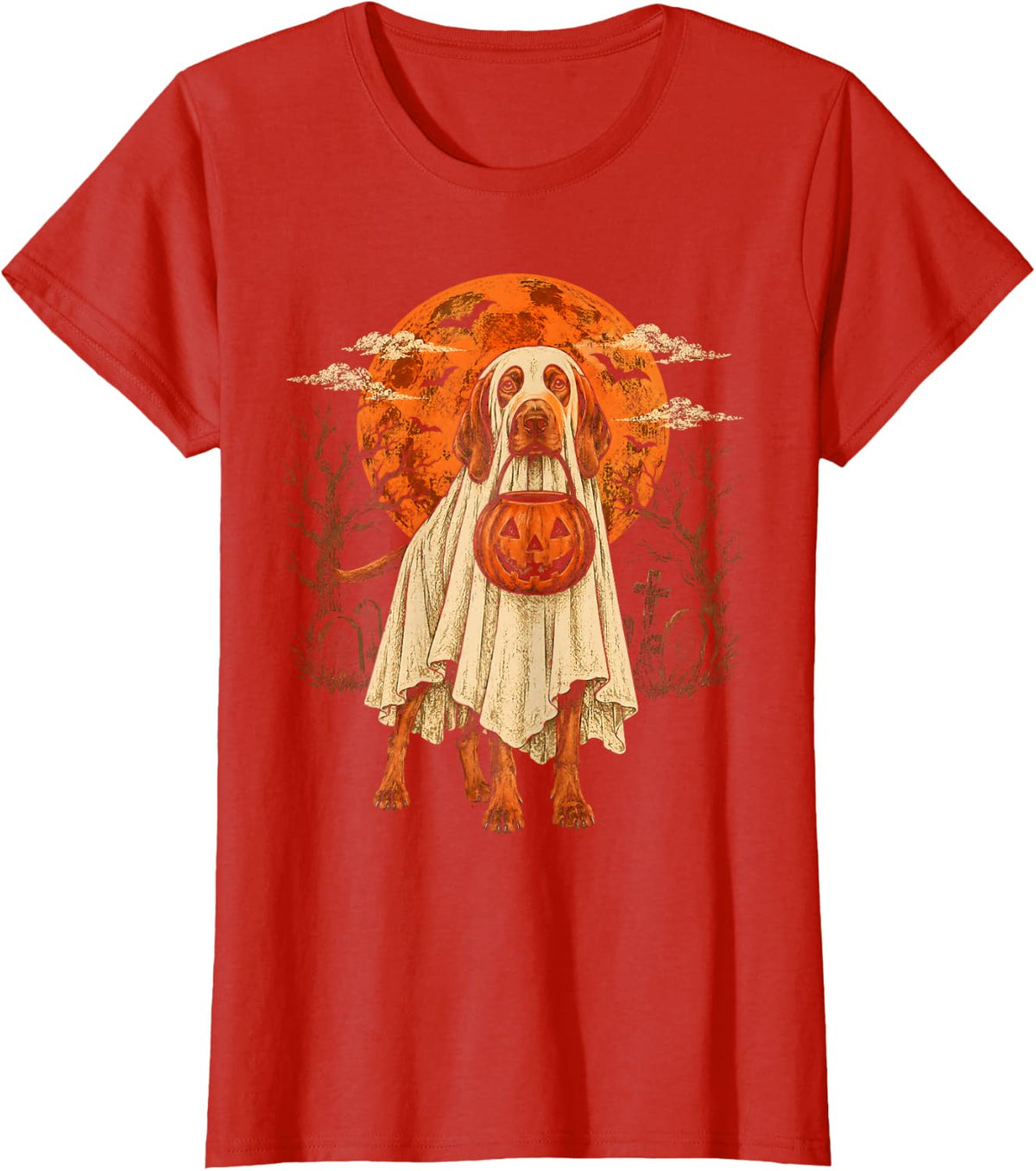 Vizsla Dog Ghost Halloween Pumpkin Vintage T-Shirt - Red