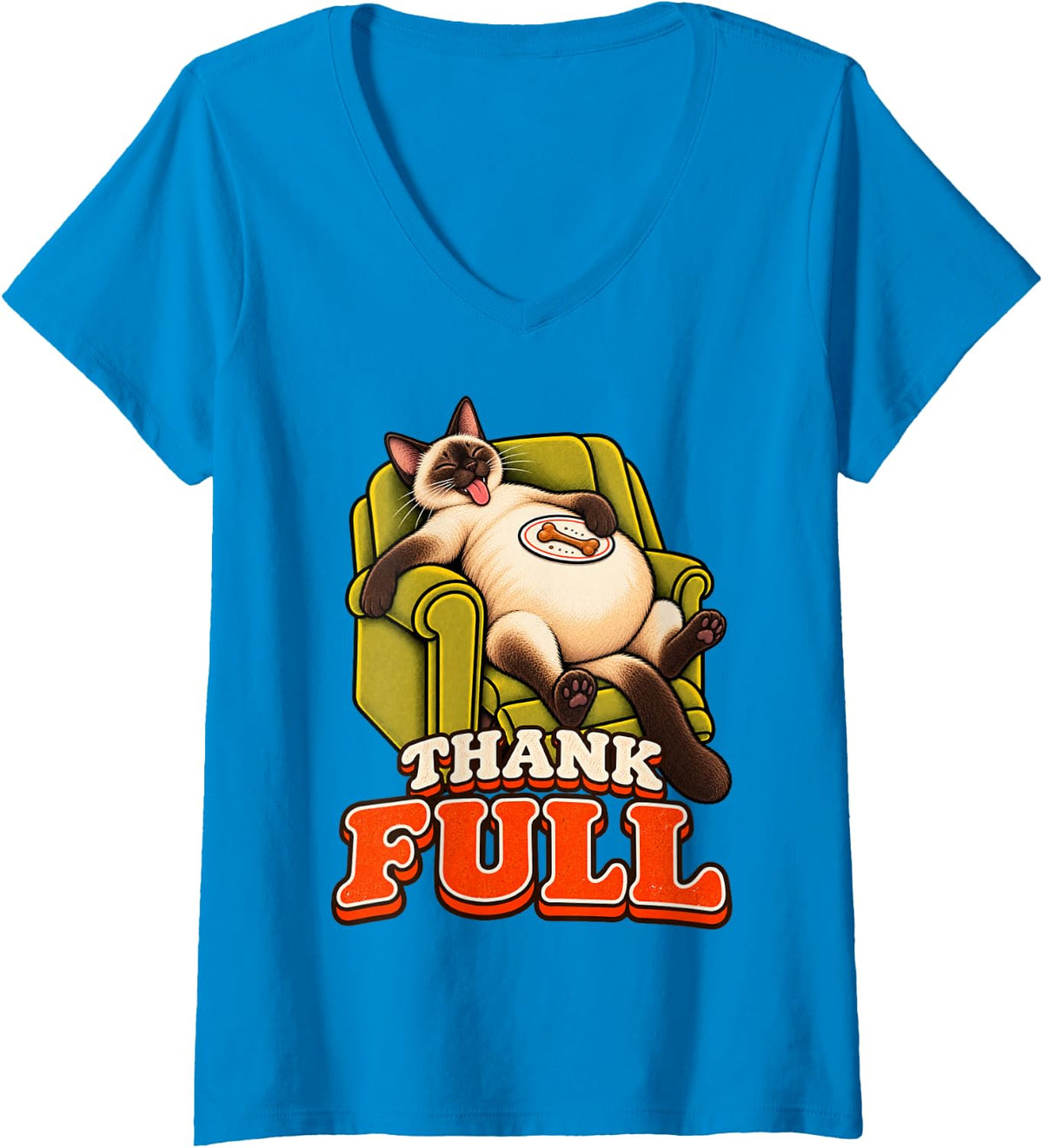 Women's Siamese Cat Funny Turkey Day Retro Vintage Overeat Sleep Nap V-Neck T-Shirt - Sapphire Blue