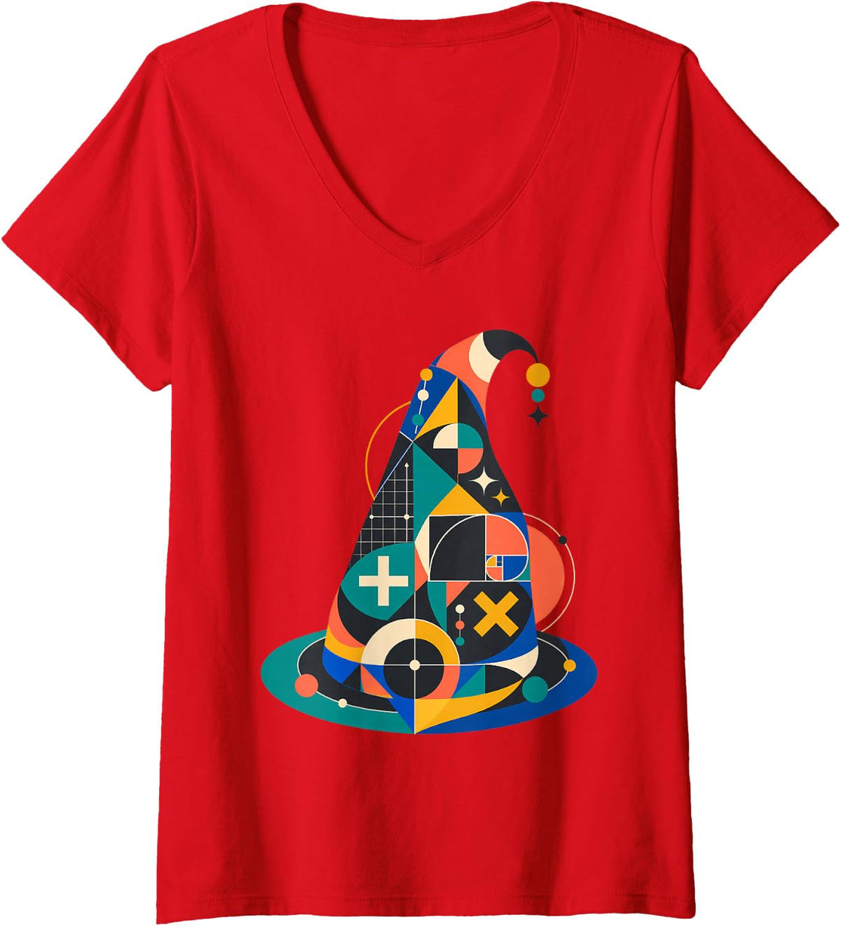 Women's Abstract Math Wizard Hat Geometry Golden Ratio V-Neck T-Shirt - Red