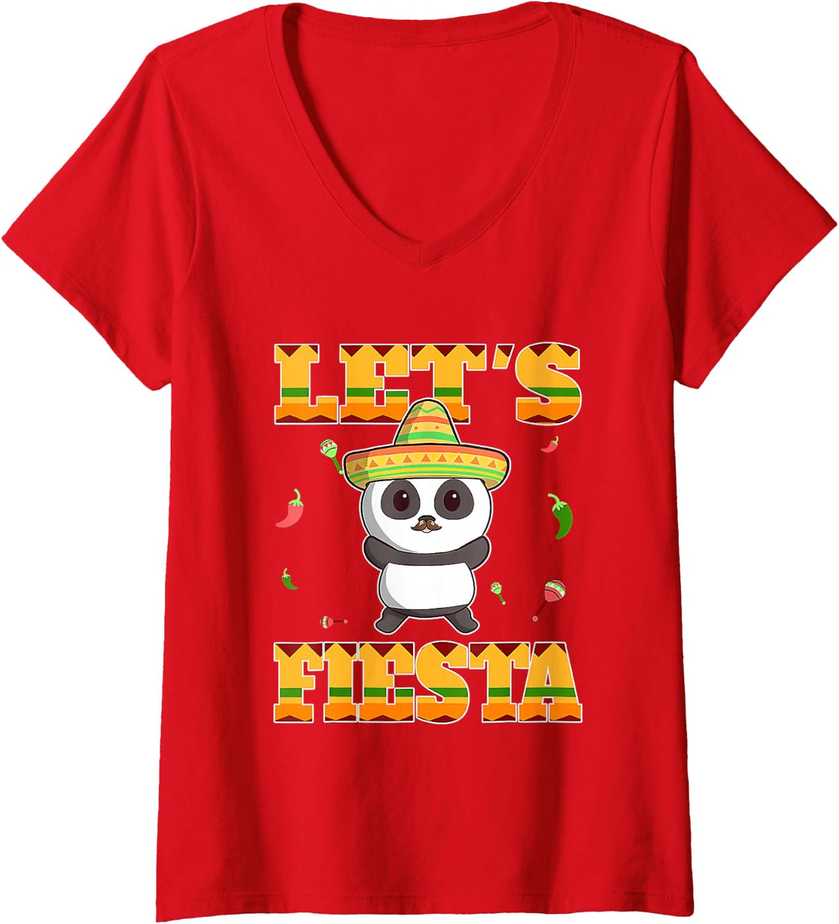 Women's Lets Fiesta Panda Bear Lover Cinco De Mayo Mexican Cute V-Neck T-Shirt - Red