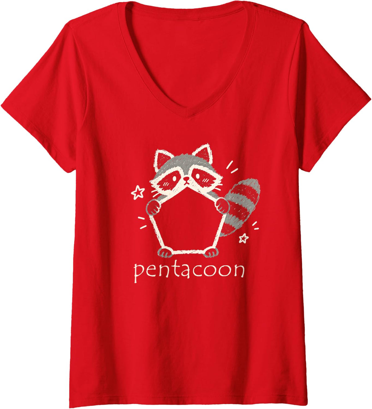 Women's Pentagon Raccoon Pun Pentacoon Geometry Animal Wordplay V-Neck T-Shirt - Red
