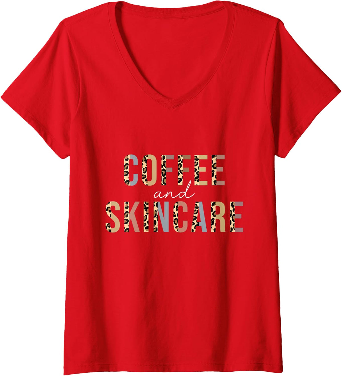 Women's Coffee and Skincare Leopard Esthetician Skincare V-Neck T-Shirt - Red