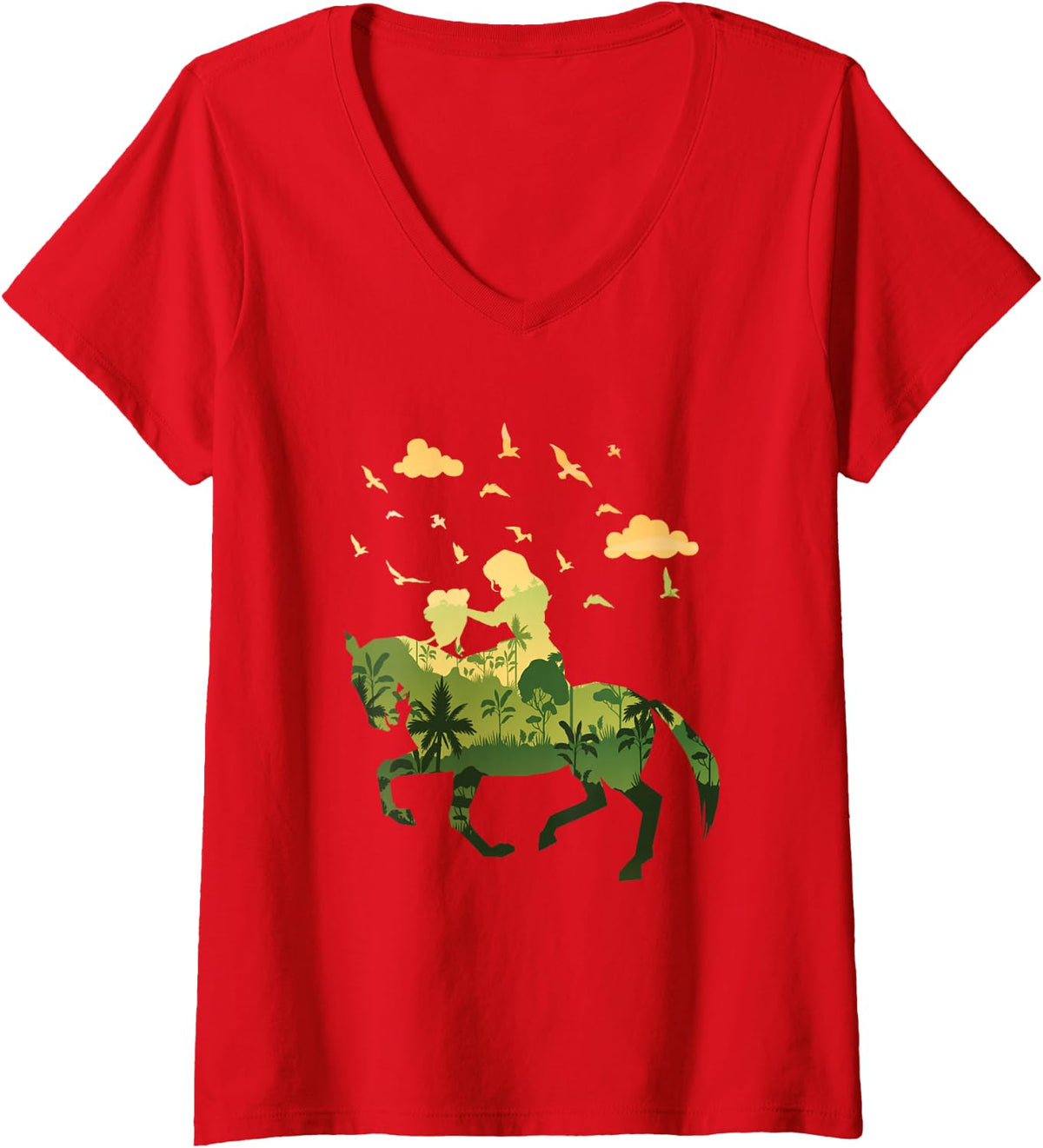 Women's Women Riding Horse Silhoutte V-Neck T-Shirt - Red