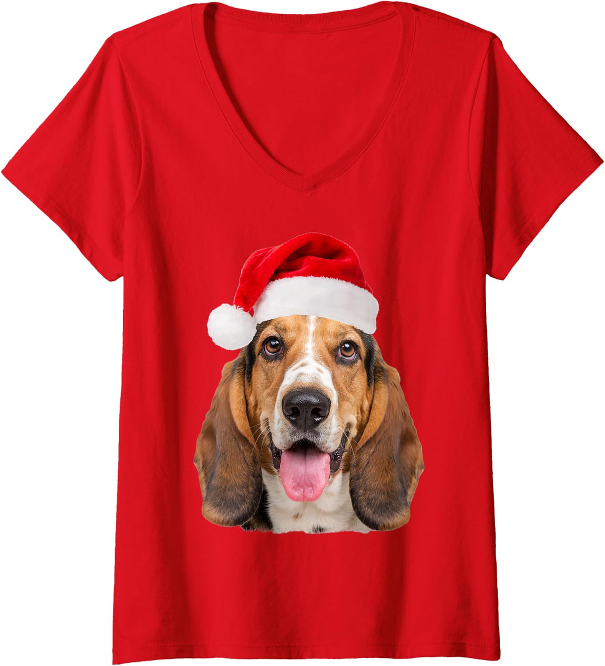 Women's Basset Hound Santa Hat Christmas Portrait Fur Mom and Dad V-Neck T-Shirt - Red