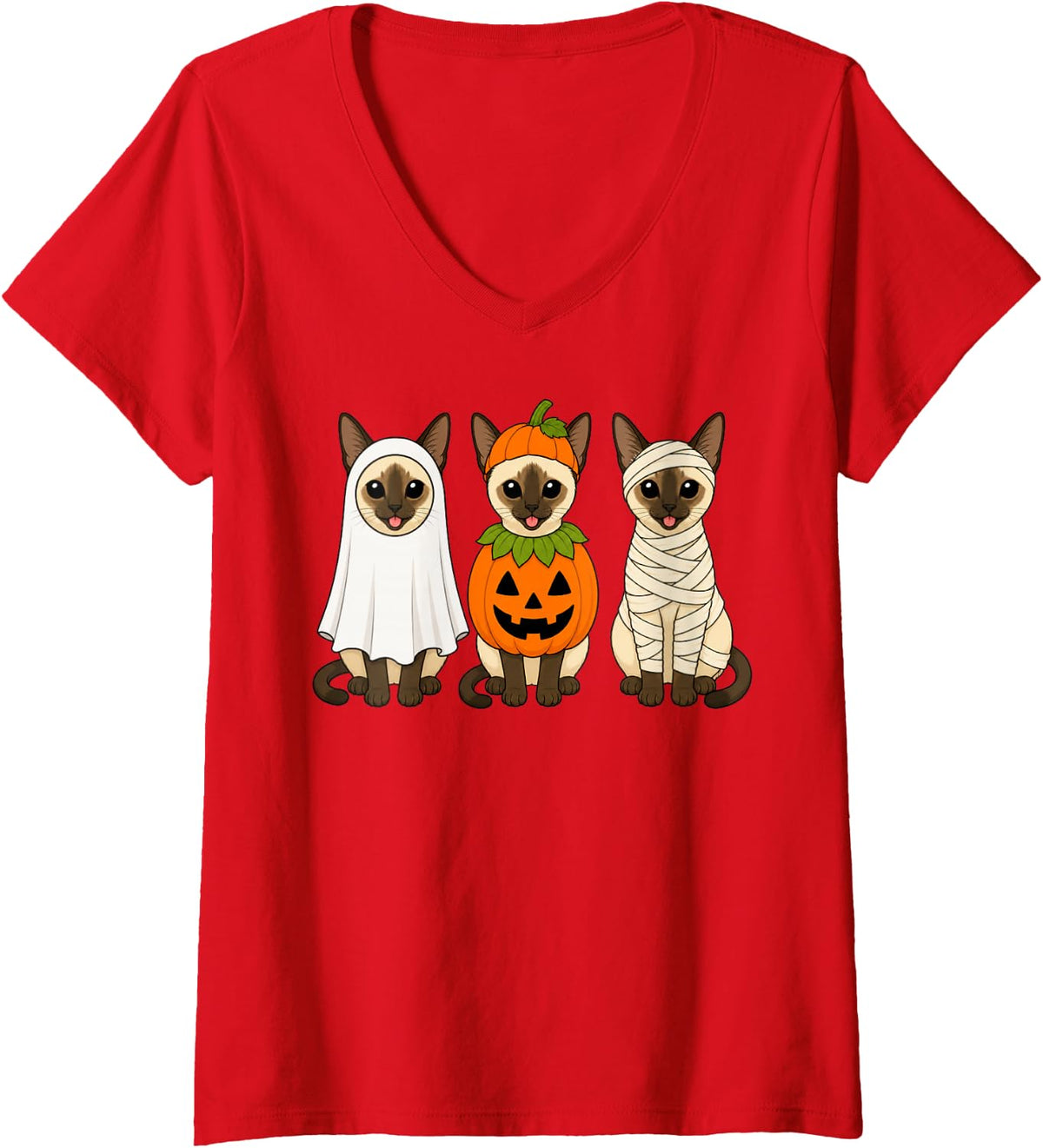 Women's Spooky Siamese Cat Pumpkin Ghost Halloween V-Neck T-Shirt - Red