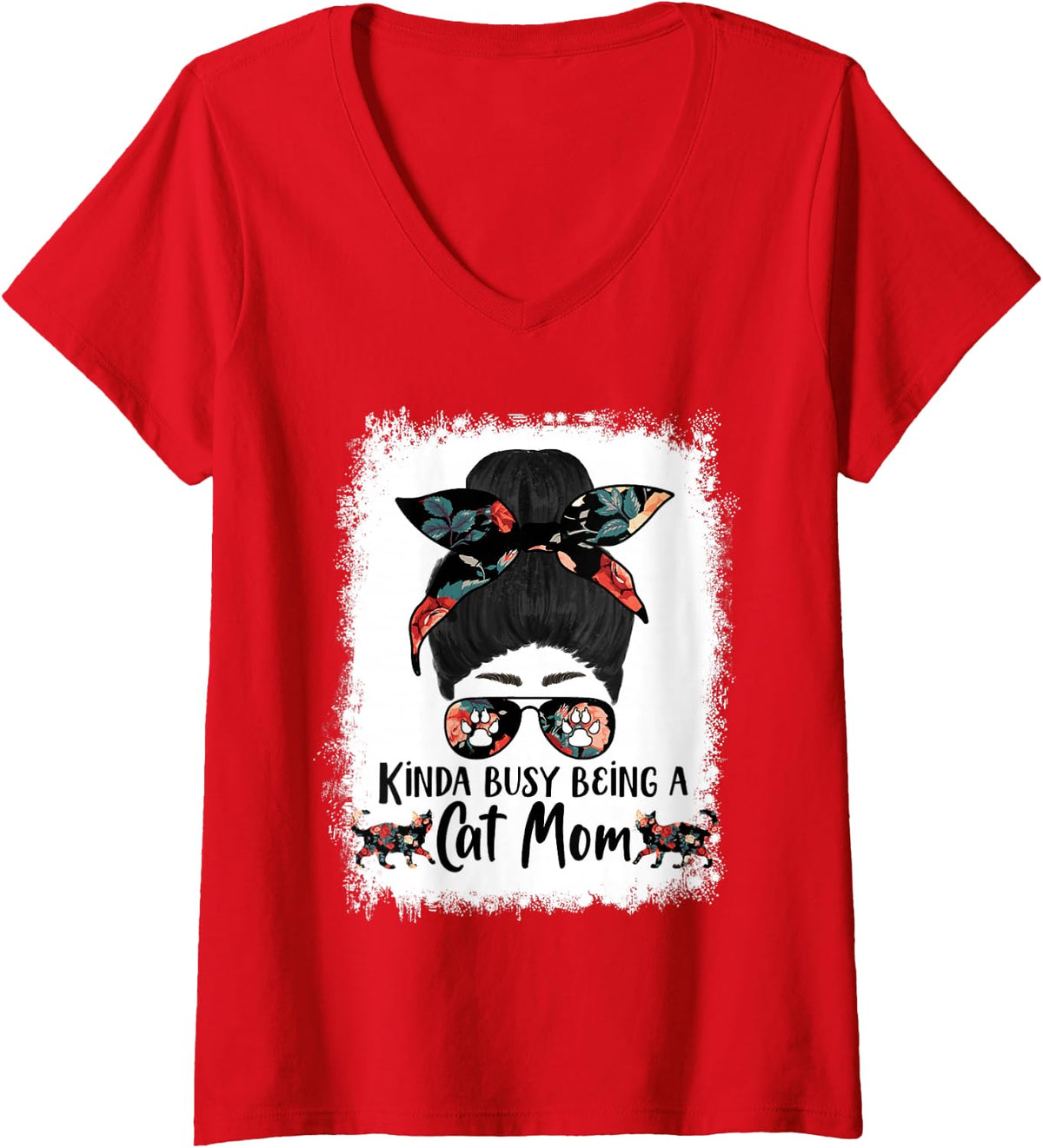 Women's Kinda Busy Being A Cat Mom Bengal Funny Messy Bun V-Neck T-Shirt - Red