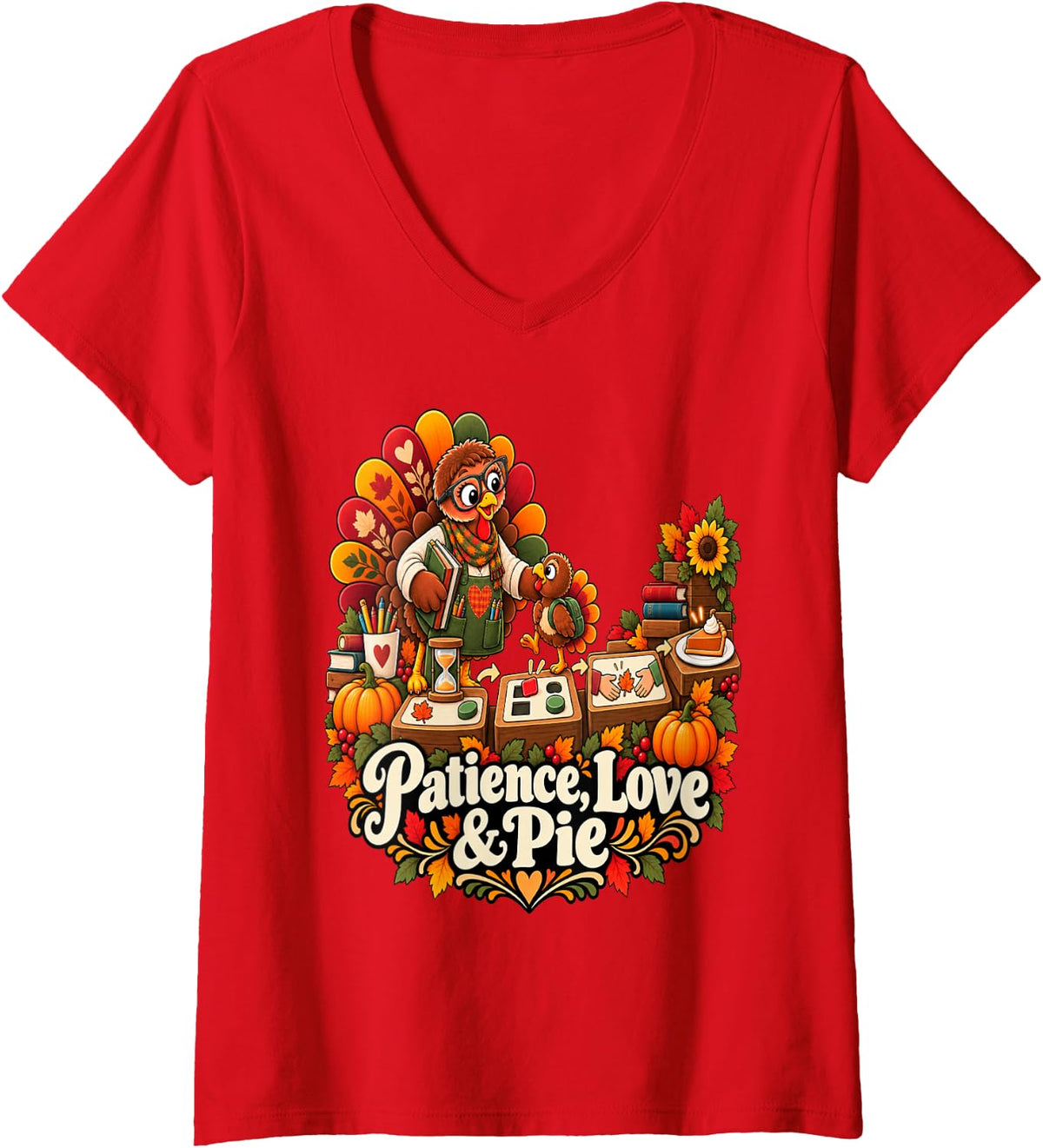 Women's Patience Love and Pie Special Education Teacher Thanksgiving V-Neck T-Shirt - Red