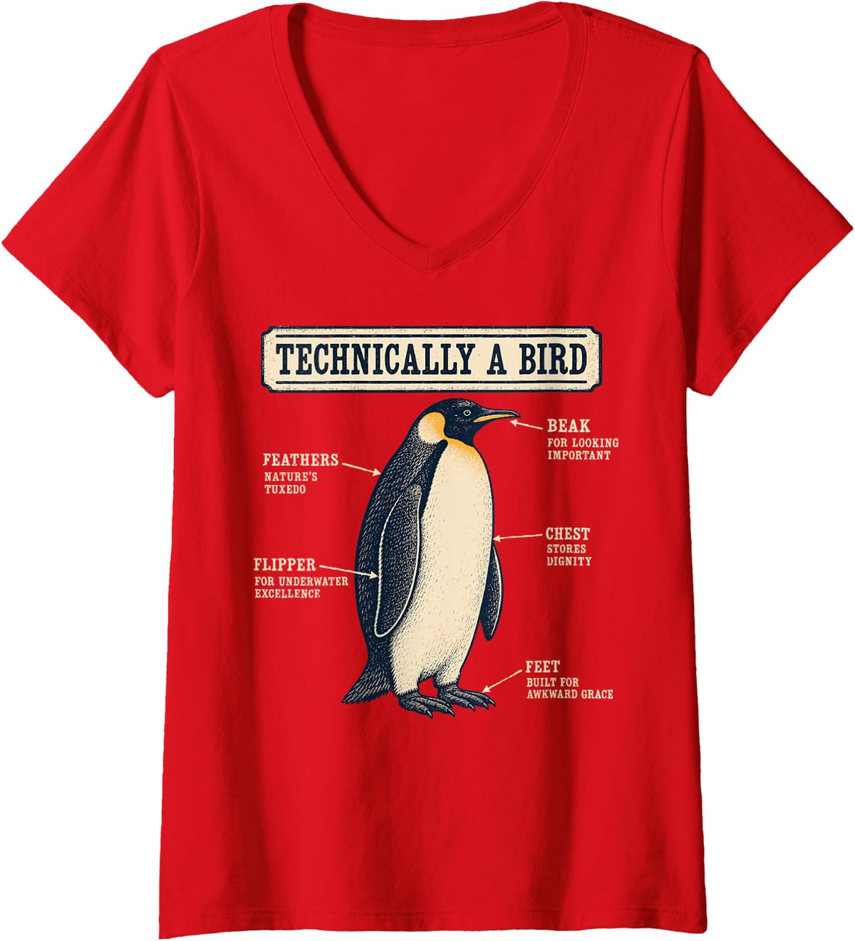Women's Technically A Bird Funny Emperor Science Penguin V-Neck T-Shirt - Red