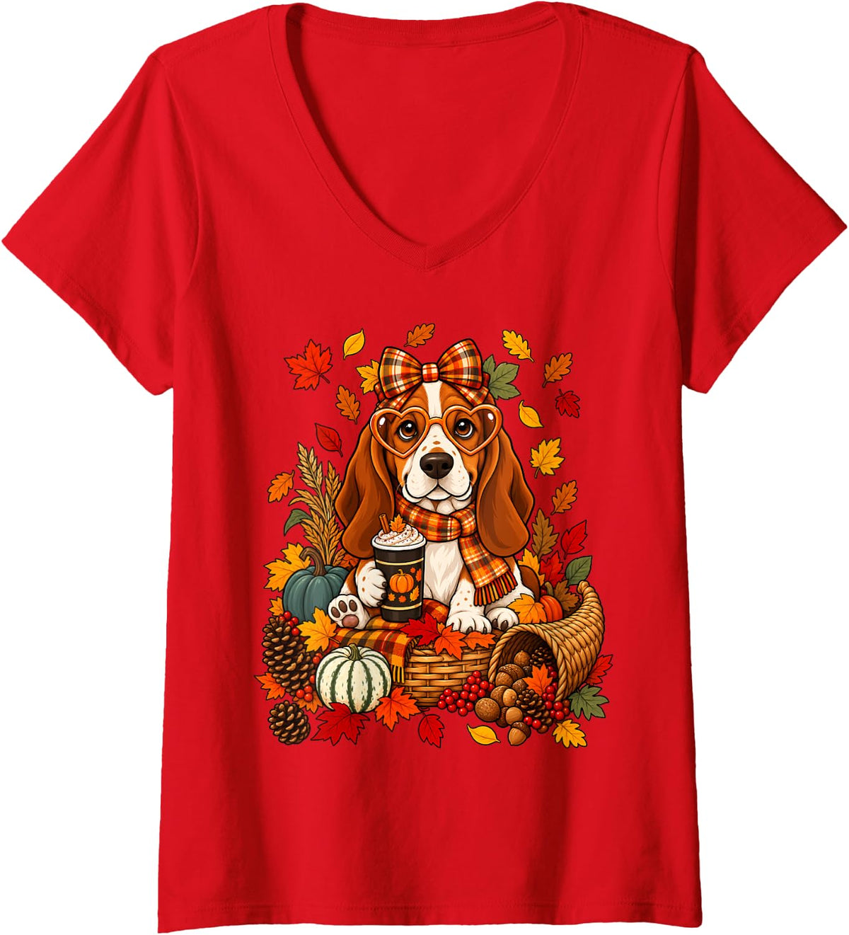 Women's Coquette Bow Basset Hound Dog Pumpkin Spice Thanksgiving V-Neck T-Shirt - Red