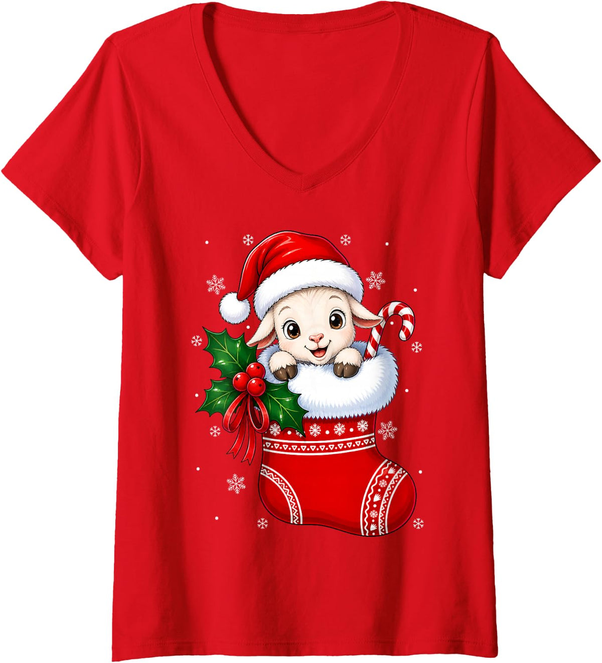 Women's Goat Christmas Stocking Cute Festive Goat Xmas V-Neck T-Shirt - Red