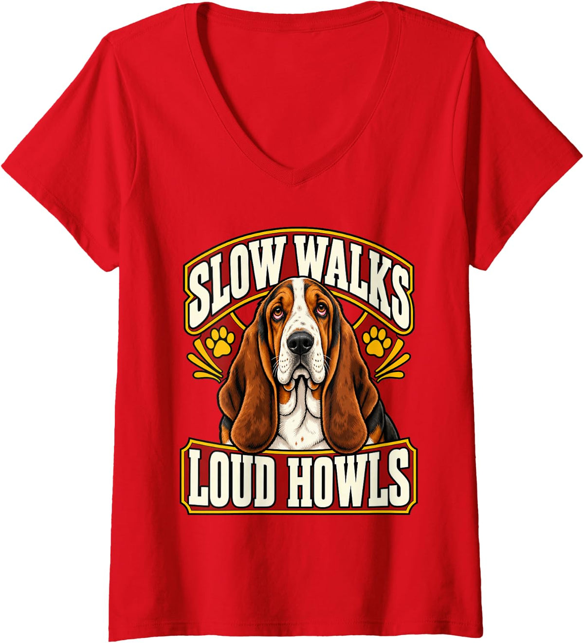 Women's Basset Hound Slow Walks Loud Howls Dog Lover Funny Pet V-Neck T-Shirt - Red
