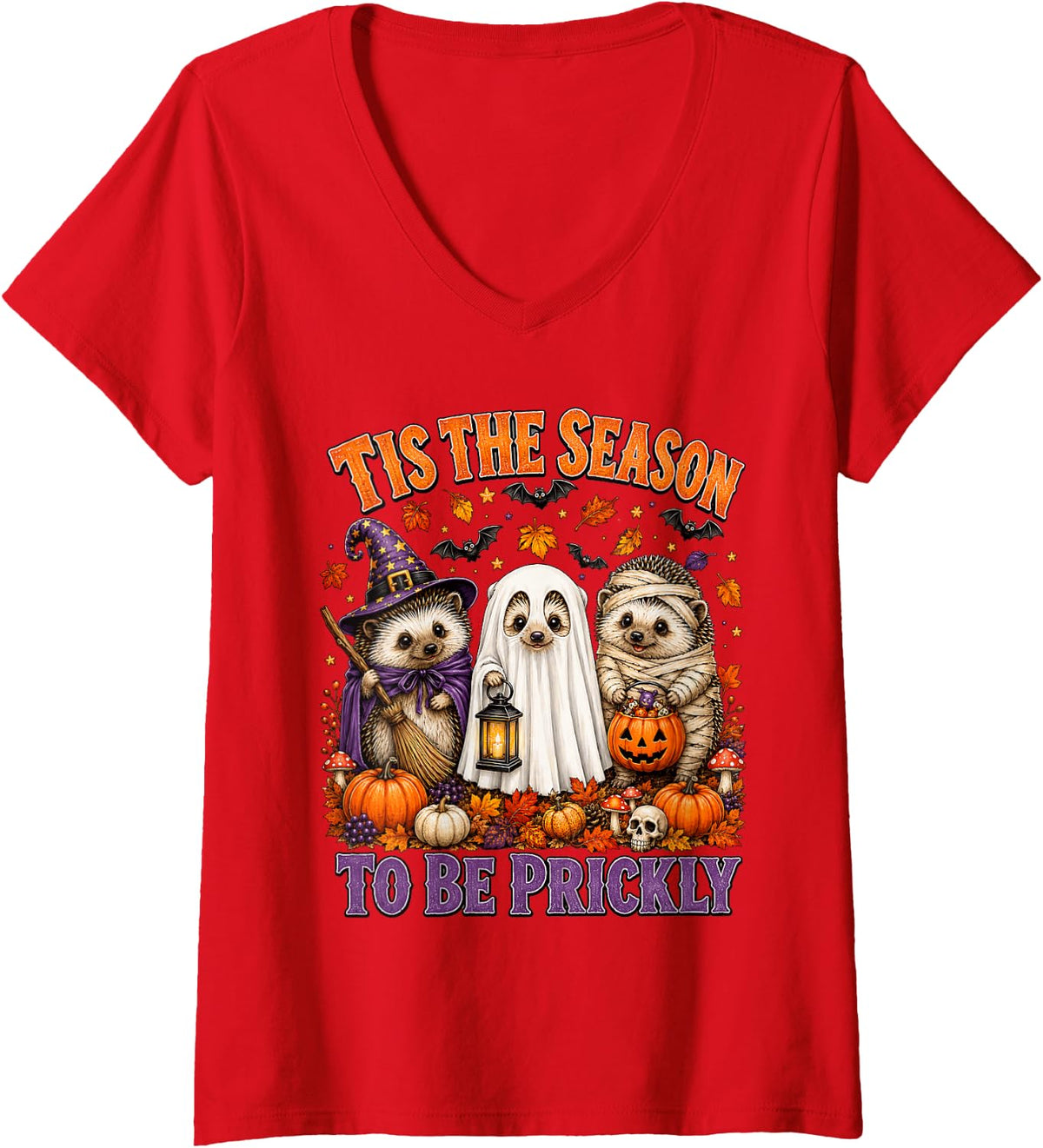 Women's Cute Hedgehog Halloween Witch Ghost Mummy Hedgehog Lovers V-Neck T-Shirt - Red