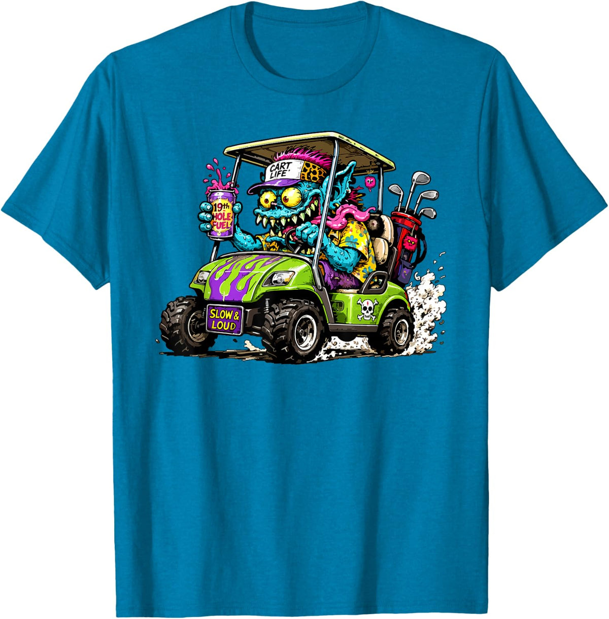 Funny and Wild Golf Cart Hotrod Golf Car Cartoon T-Shirt - Sapphire Blue
