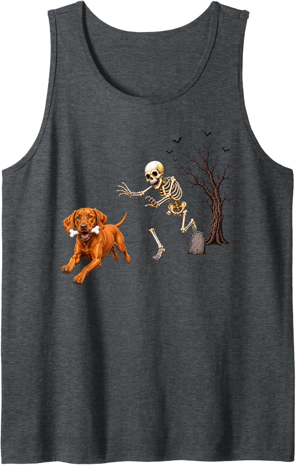 Funny Vizsla Skeleton and Halloween Sleeveless Tank Top - Dark Heather Grey