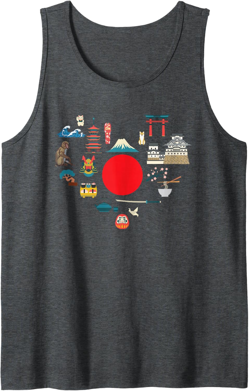 Symbols of Japan Heart - Unique Japanese Souvenir Sleeveless Tank Top - Dark Heather Grey