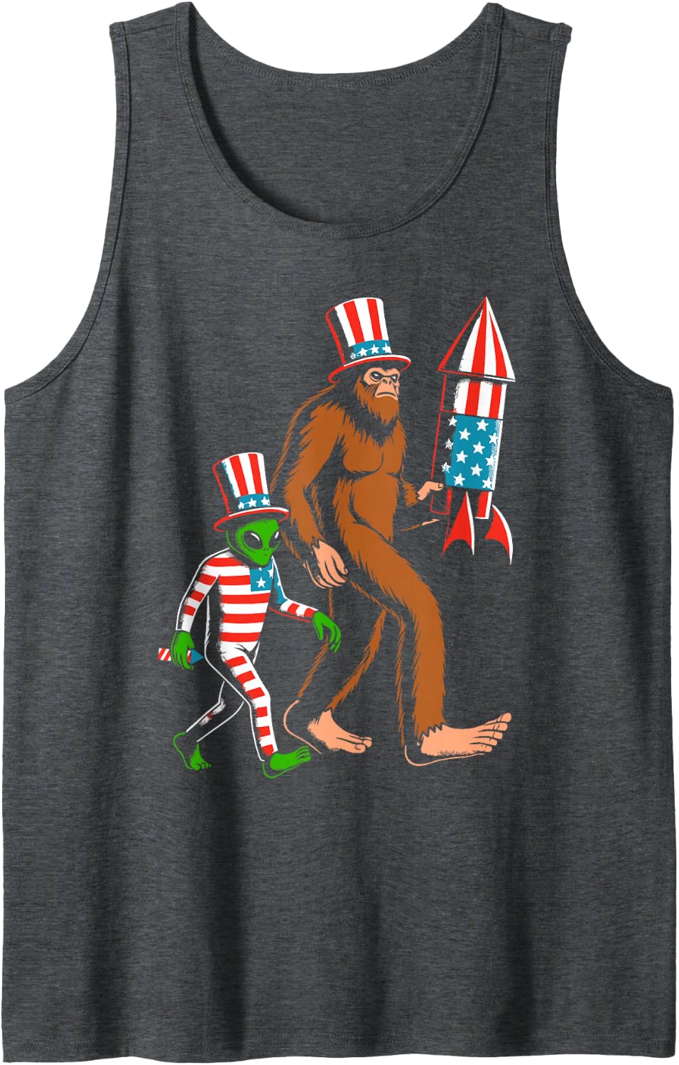 Bigfoot alien fireworks 4th of July American flag patriotic Tank Top - Dark Heather Grey