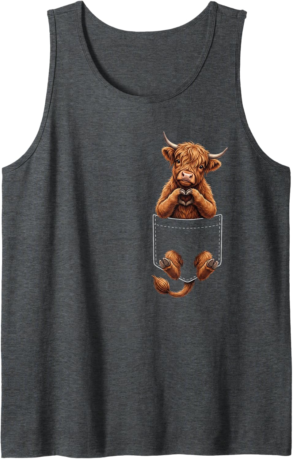 Highland Cow Pocket Heart Sign Wildlife Valentines Sleeveless Tank Top - Dark Heather Grey