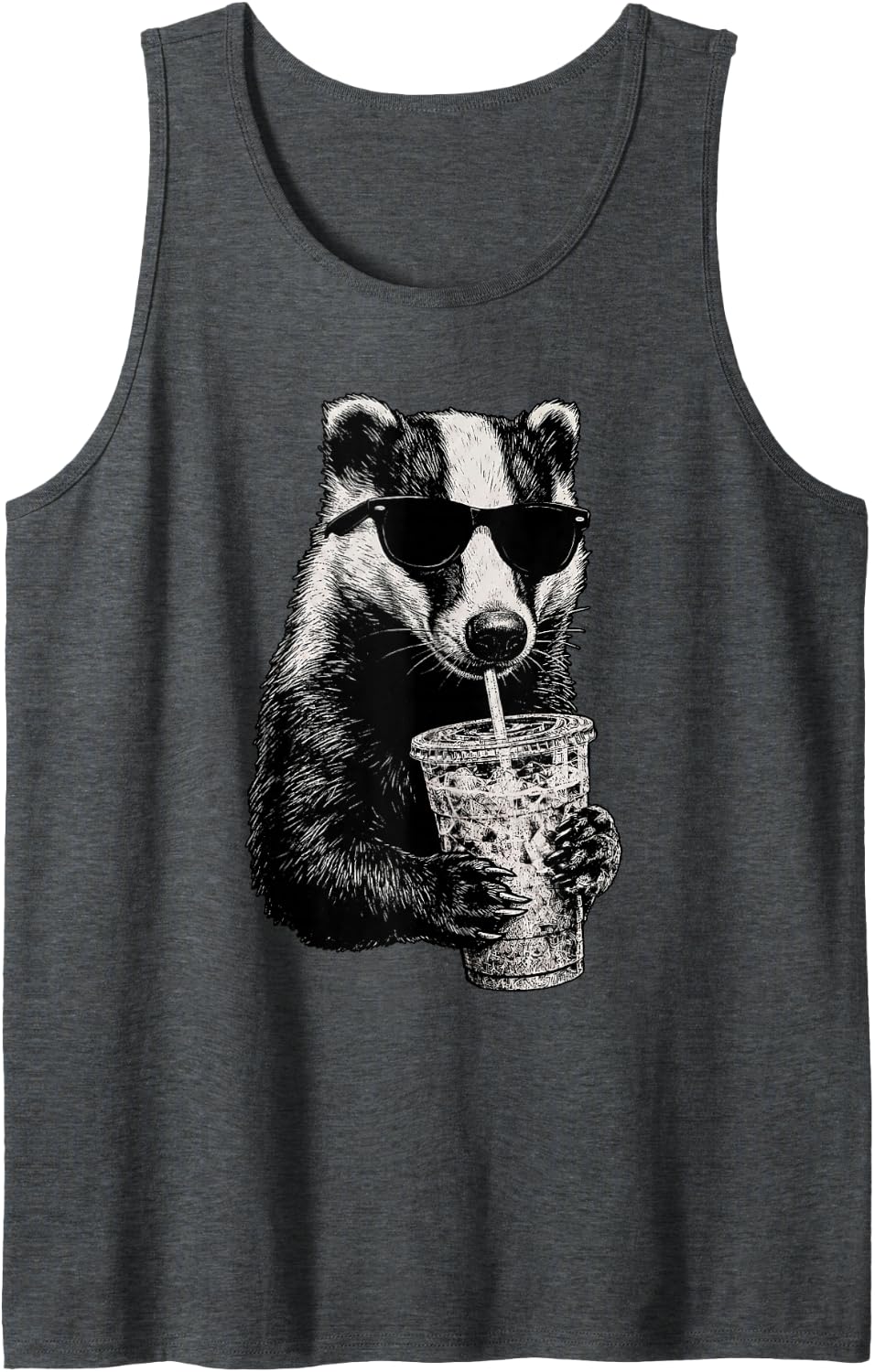 Honey Badger Drinking Iced Coffee Wildlife Animal Humor Sleeveless Tank Top - Dark Heather Grey