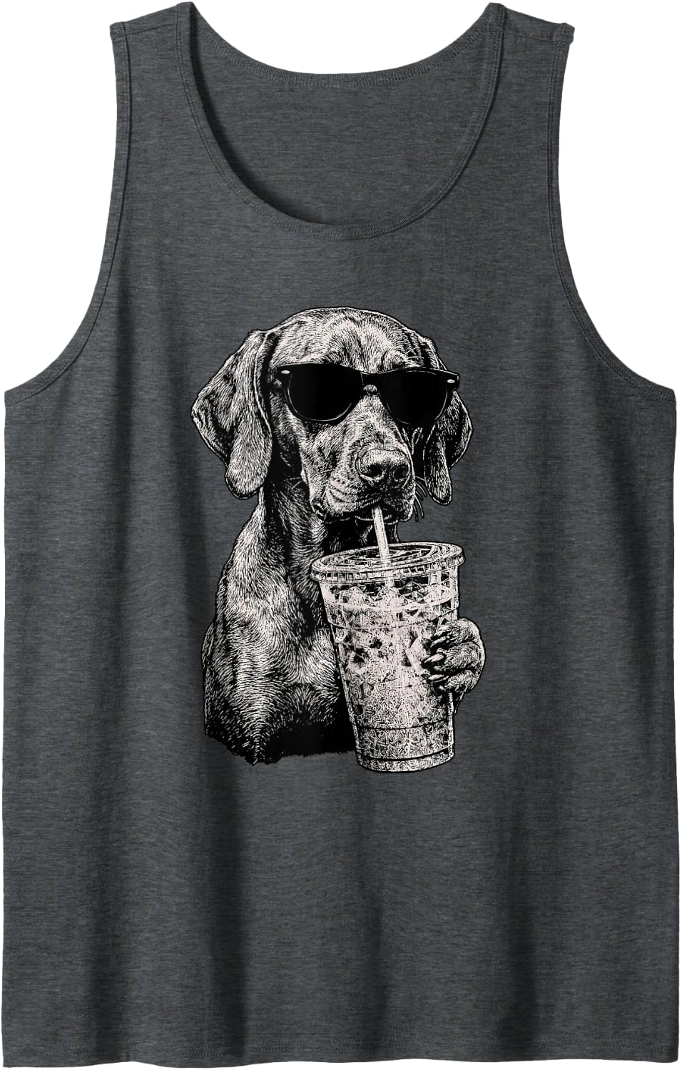 Funny Vizsla Drinking Iced Coffee Humor Sleeveless Tank Top - Dark Heather Grey