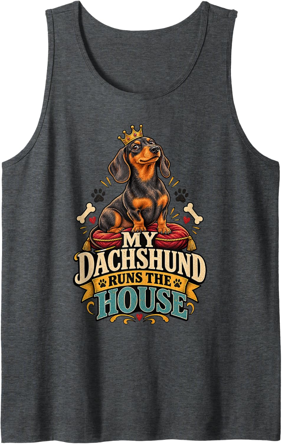 Funny Dachshund Runs The House Dog Lover Sleeveless Tank Top - Dark Heather Grey
