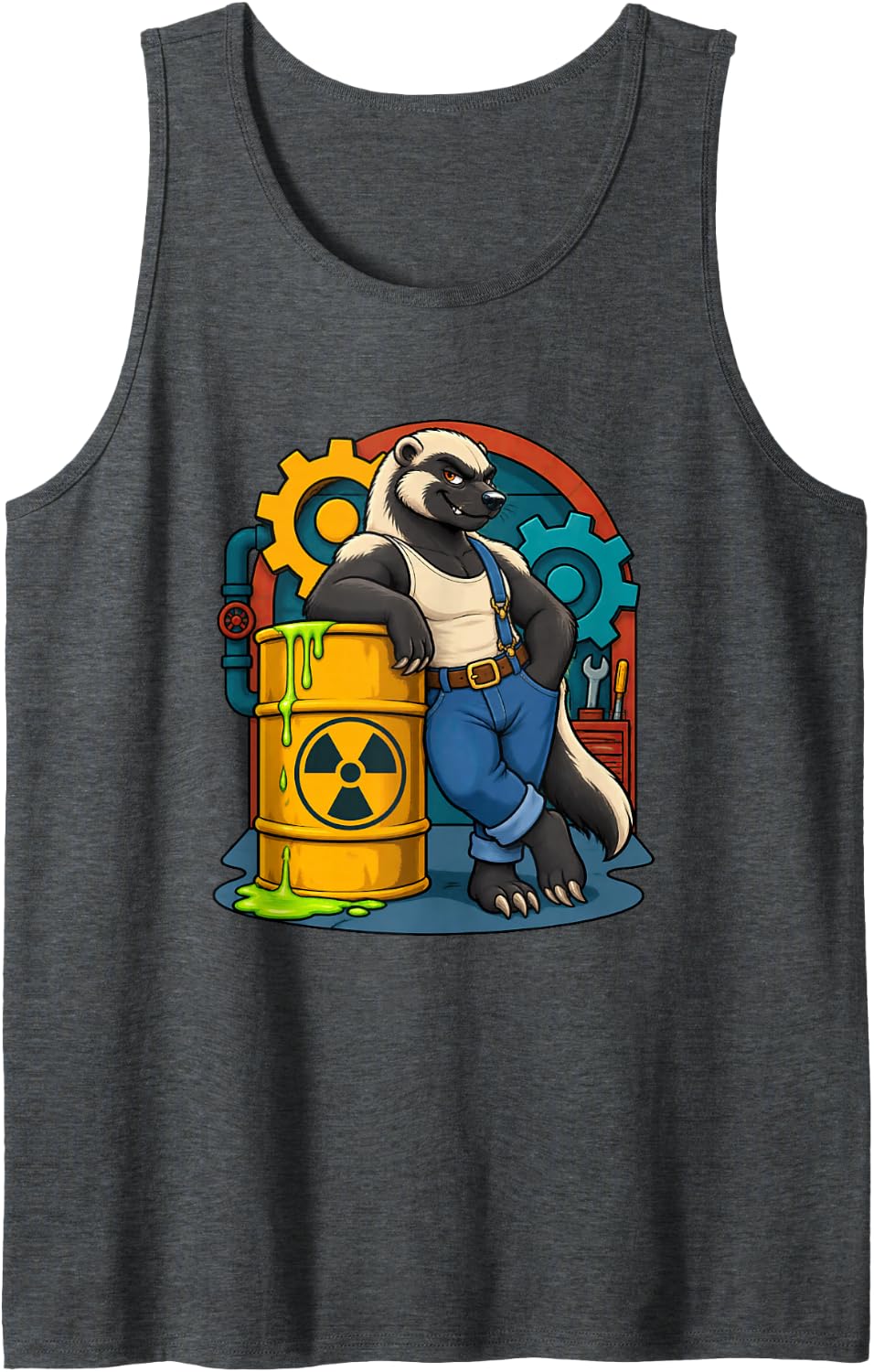 Honey Badger Leans Against Radioactive Comic Barrel Sleeveless Tank Top - Dark Heather Grey