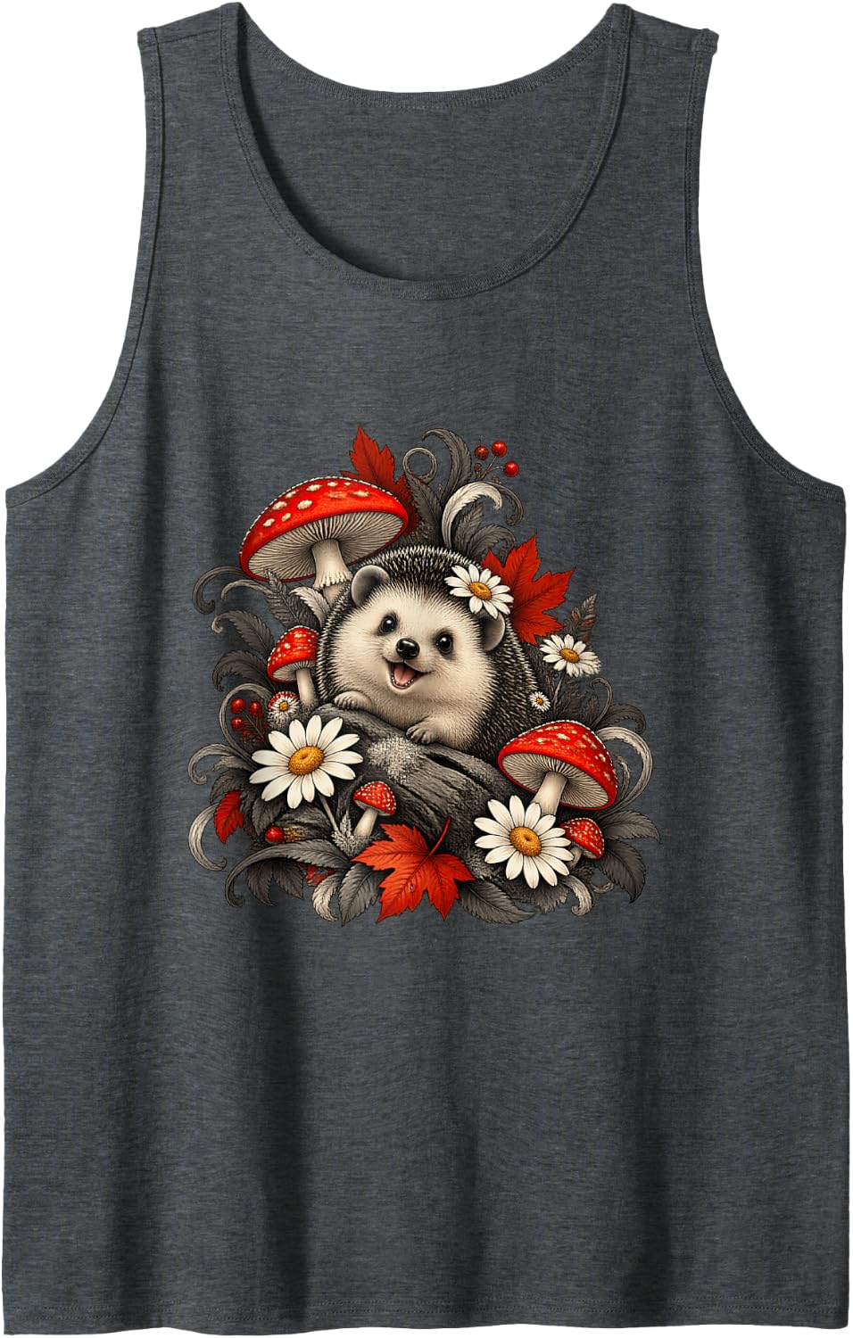 Cheerful Hedgehog with Autumn Mushrooms Tank Top - Dark Heather Grey