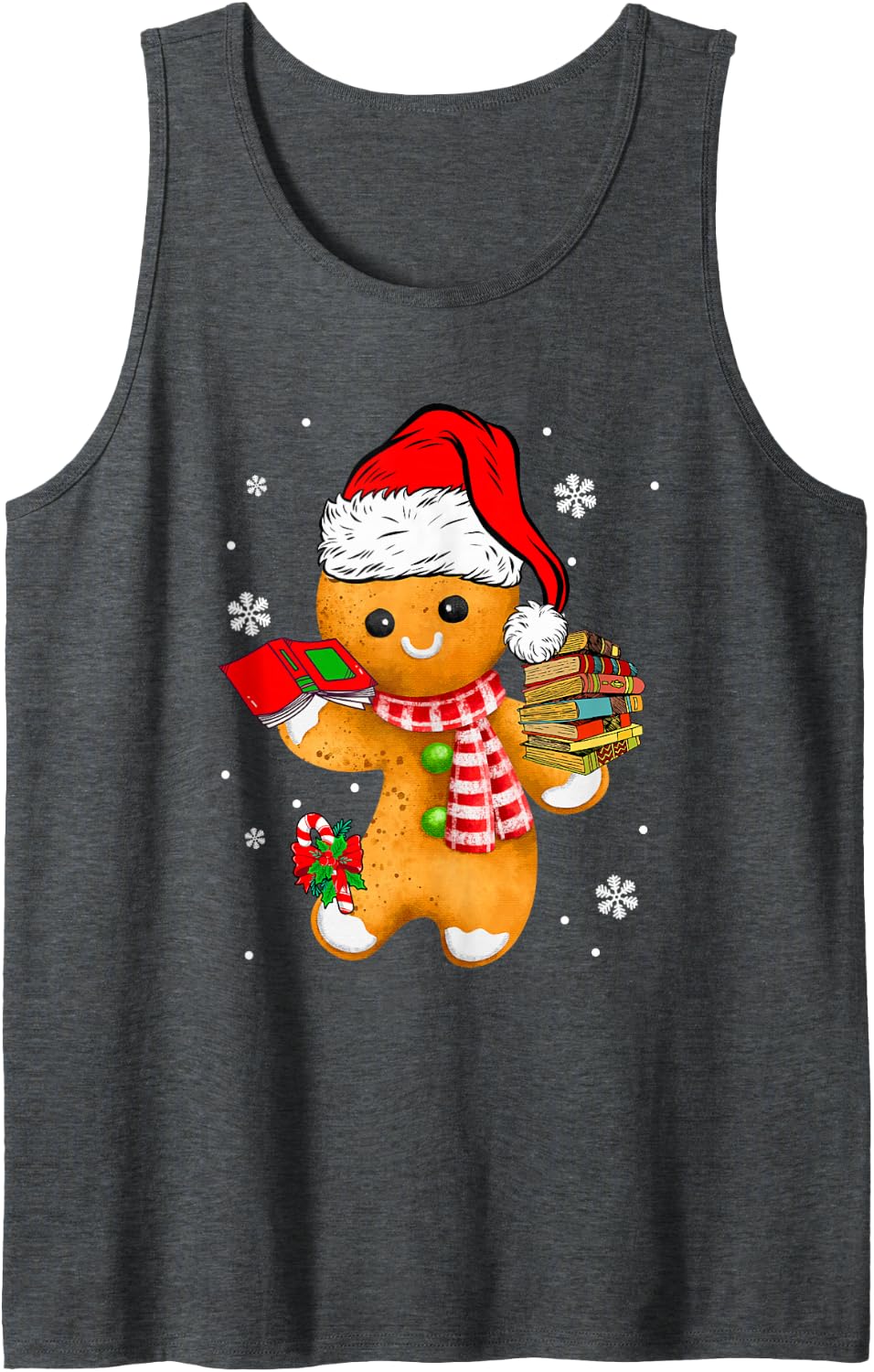 Santa Gingerbread Librarian Holding Books Xmas Cookies Lover Sleeveless Tank Top - Dark Heather Grey
