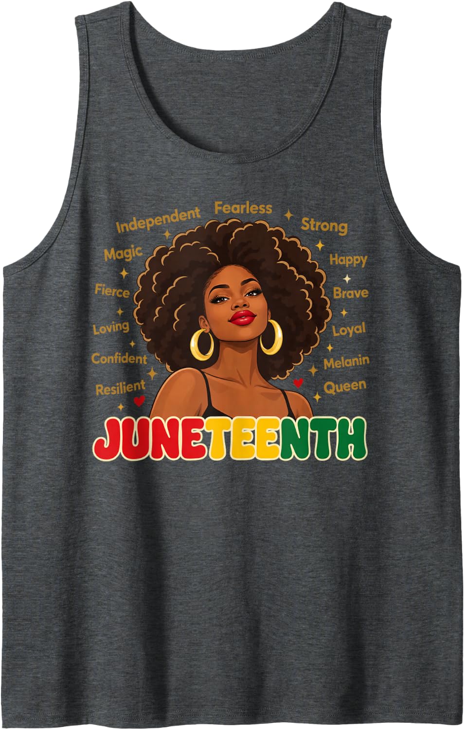 Juneteenth Black Woman Portrait with Gold Hoop Earrings Sleeveless Tank Top - Dark Heather Grey
