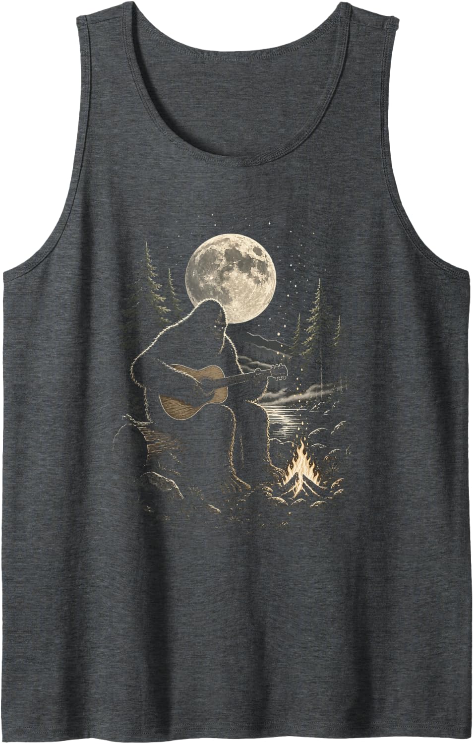 Bigfoot Guitar Camping Campfire Sasquatch Silhouette Art Sleeveless Tank Top - Dark Heather Grey