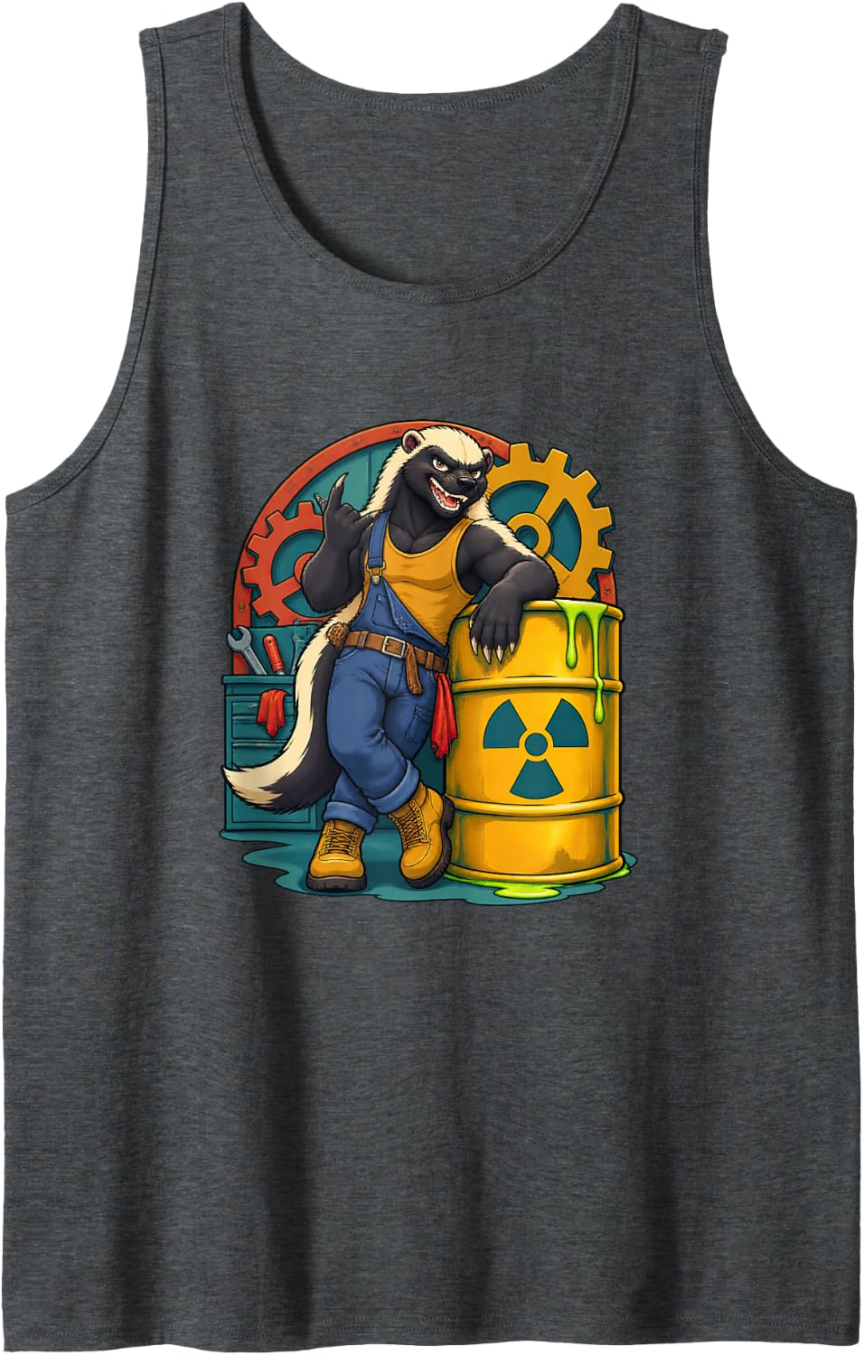Honey Badger Leans Confidently Against a Radioactive Comic Sleeveless Tank Top - Dark Heather Grey