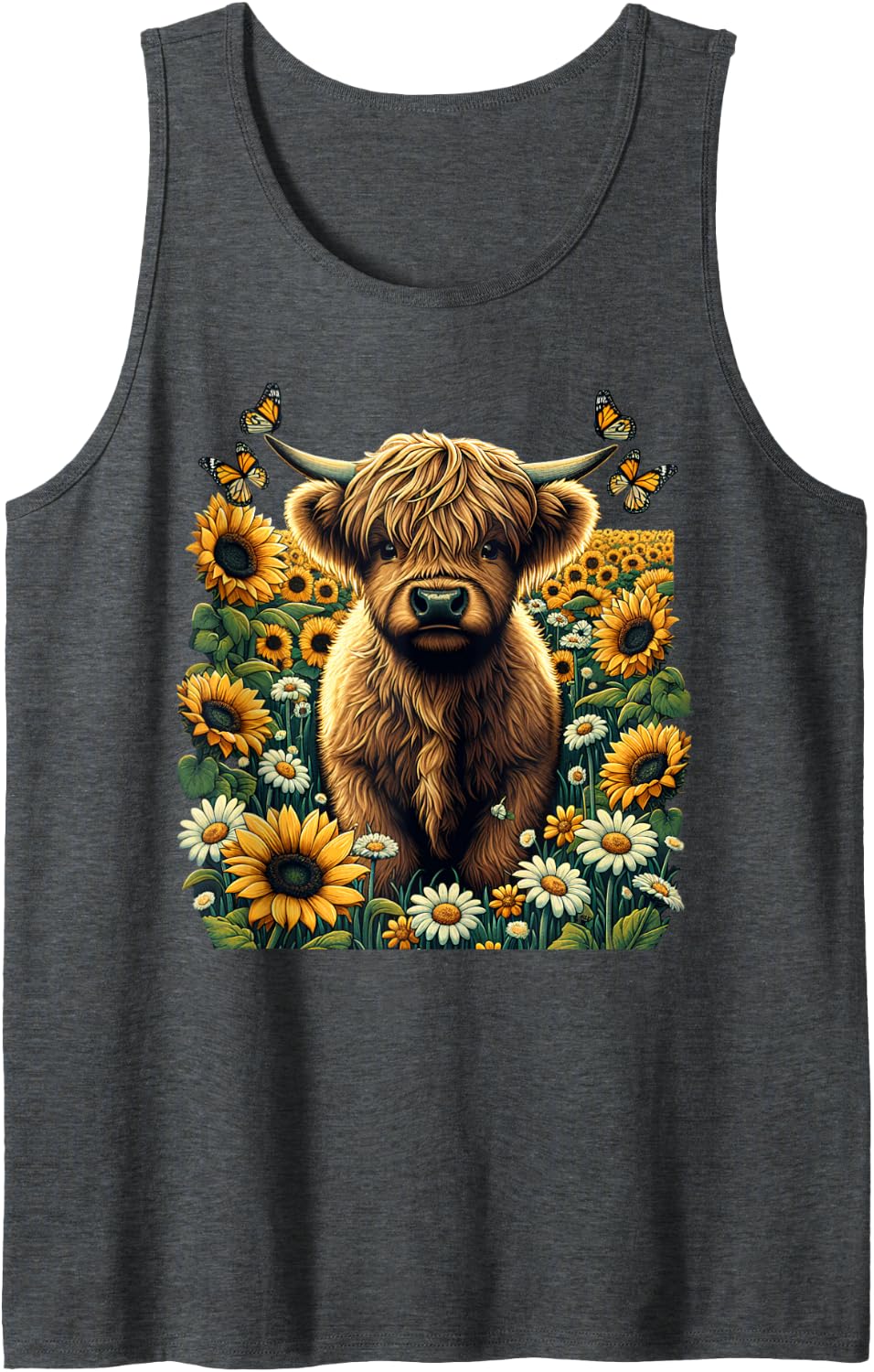 Vintage Highland Cow Flowers Daisies Sunflower Butterflies Sleeveless Tank Top - Dark Heather Grey