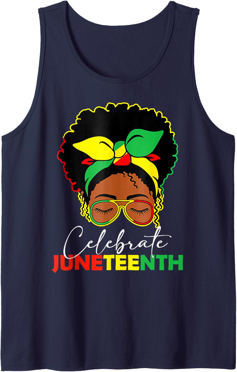 Juneteenth Outfit Women Messy Bun Eye Glasses Sleeveless Tank Top - Navy Blue